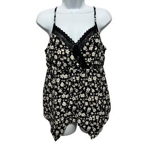 No Boundaries Juniors Cami M Black Floral Babydoll Lace Asymmetrical Hem Cottage